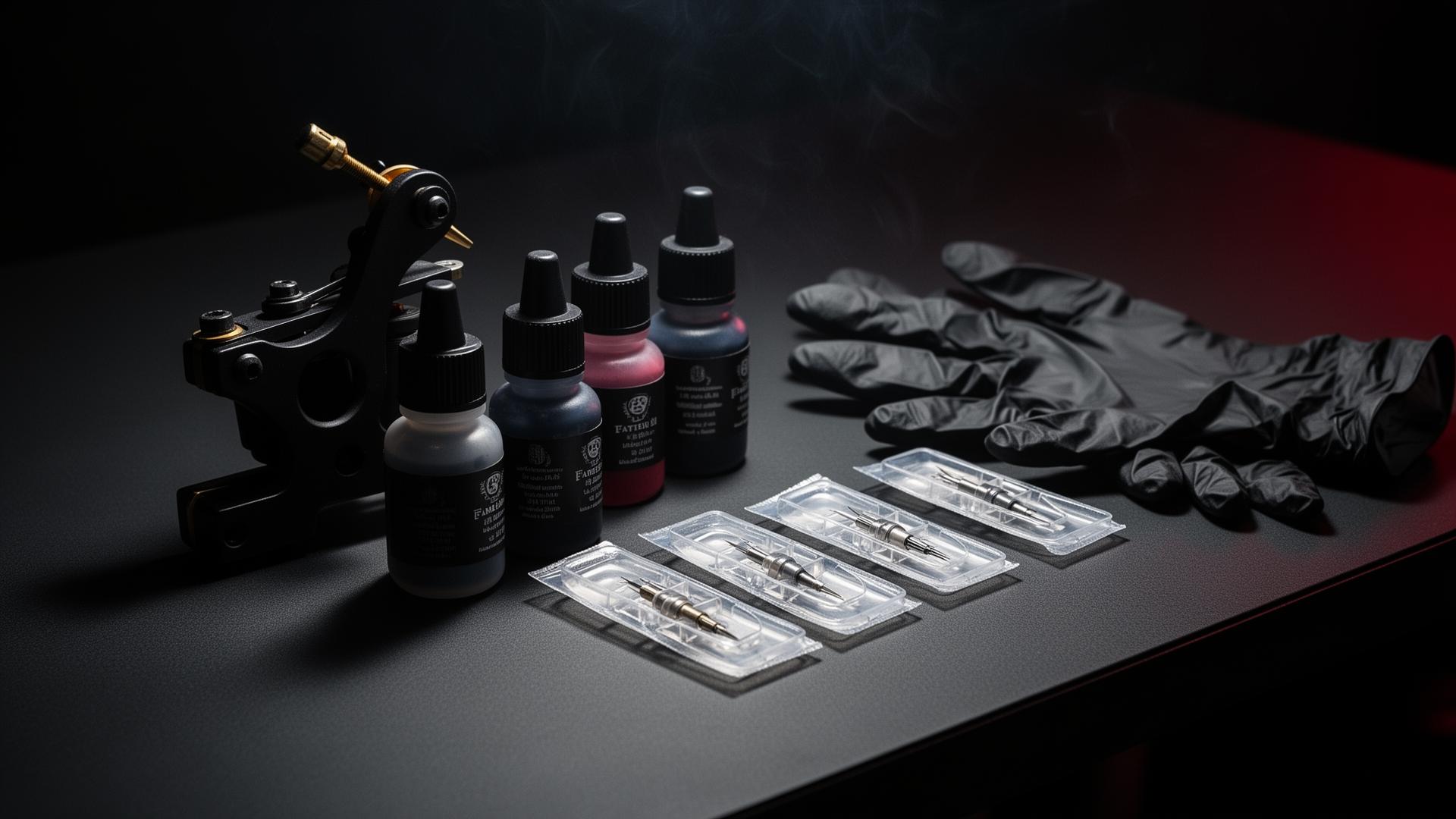 Professional tattoo workstation with machine, ink bottles, needle cartridges, and gloves